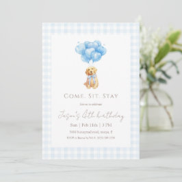 Convite Blue Gingham Golden Retriever Puppy Birthday