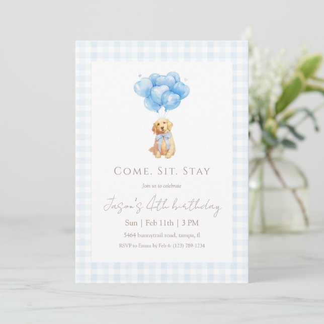 Convite Blue Gingham Golden Retriever Puppy Birthday (Em pé/Frente)