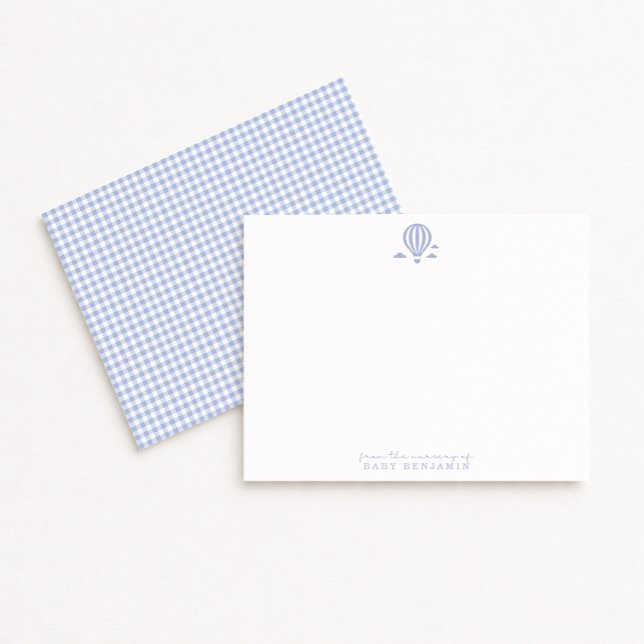 Convite Blue Gingham Hot Air Balloon Nursery Note Card (Criador carregado)