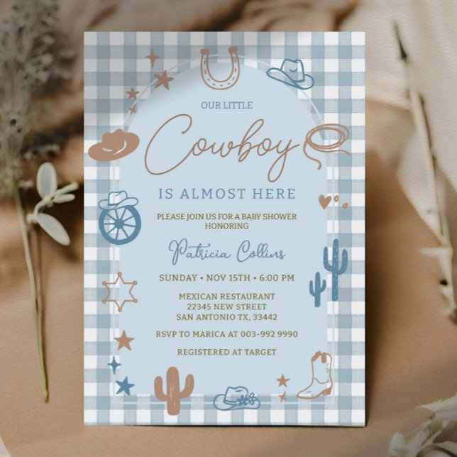 Convite Blue Gingham Little Cowboy Wild West Baby Shower (Criador carregado)