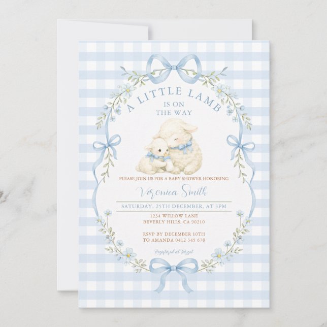 Convite Blue Gingham Little Lamb Baby Shower Invitation (Frente)