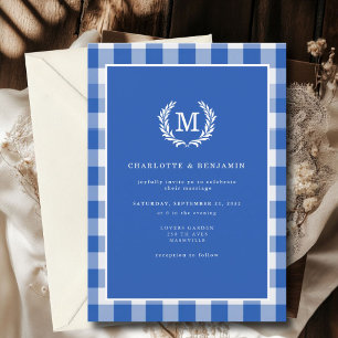 Convite Blue Gingham Monogramas Crest