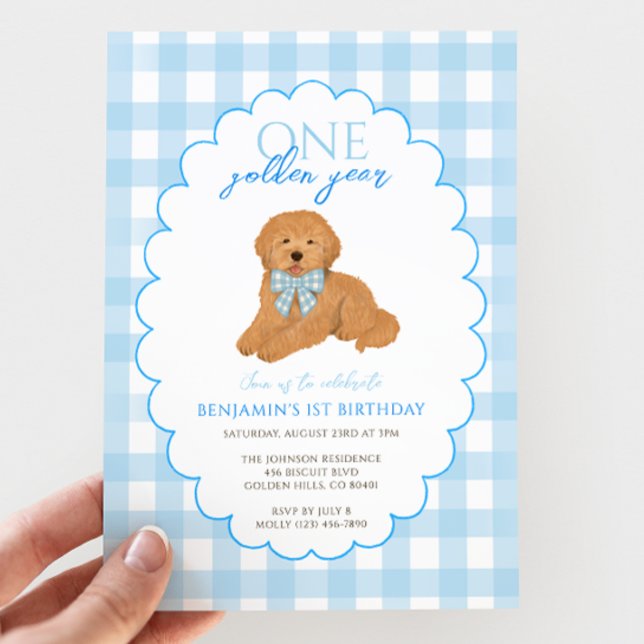 Convite Blue Gingham One Golden Year 1st Birthday Puppy (Criador carregado)