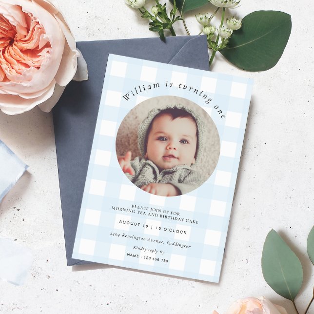 Convite Blue Gingham Photo Birthday (Birthday Photo Invitation Blue Gingham Check)