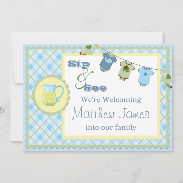 Convite Blue Gingham Sip and See Bunting Baby Invitation (Frente)
