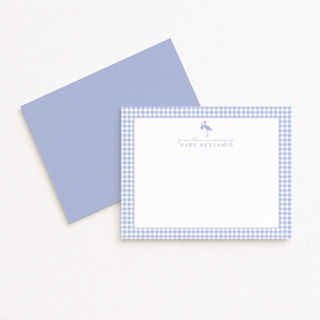 Convite Blue Gingham Stork Nursery Note Card (Criador carregado)