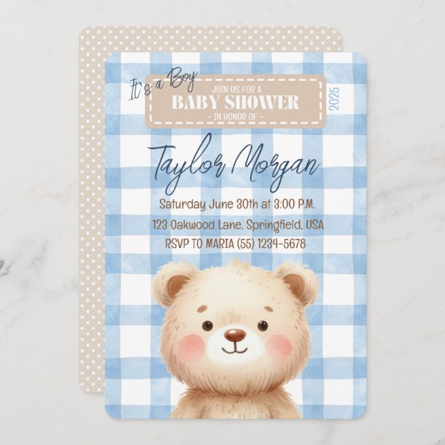 Convite Blue Gingham Teddy Bear (Frente/Verso)