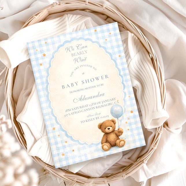 Convite Blue Gingham Teddy Bear Baby Shower (Criador carregado)