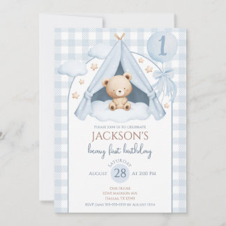 Convite Blue Gingham Teddy Bear Balloon Boy 1st Birthday