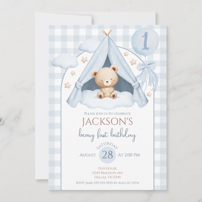 Convite Blue Gingham Teddy Bear Balloon Boy 1st Birthday (Frente)