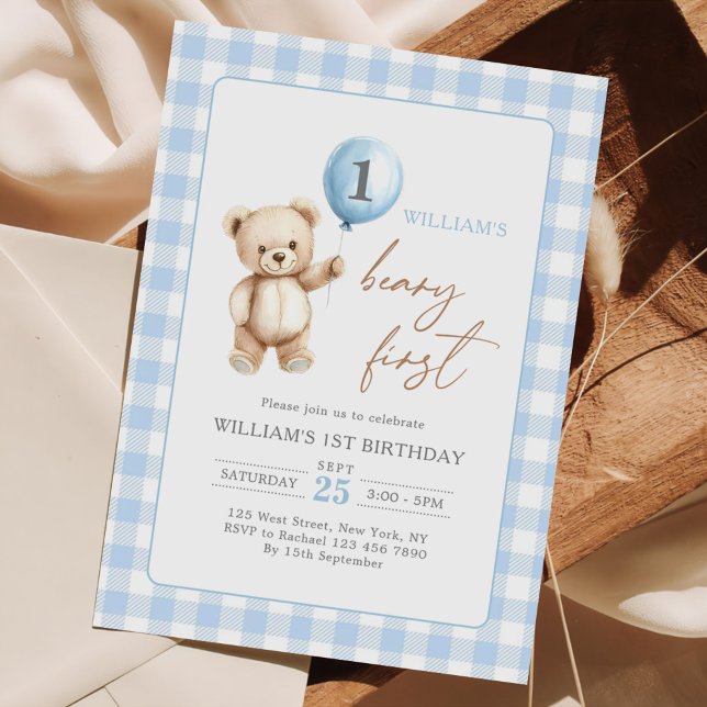 Convite Blue Gingham Teddy Bear Balloon Boy 1st Birthday (Criador carregado)