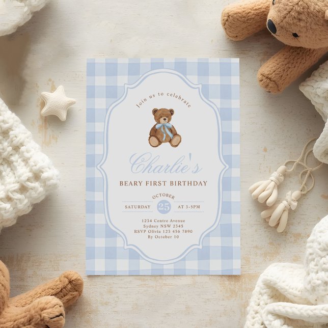 Convite Blue Gingham Teddy Bear Beary First Birthday (Criador carregado)