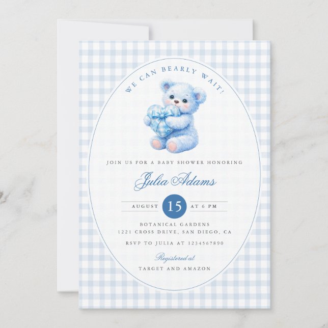 Convite Blue Gingham Teddy Bear Neutral Baby Shower (Frente)