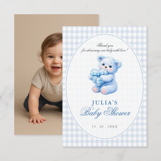 Convite Blue Gingham Teddy Bear Neutral Baby Shower (Frente/Verso)