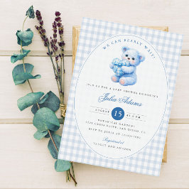Convite Blue Gingham Teddy Bear Neutral Baby Shower