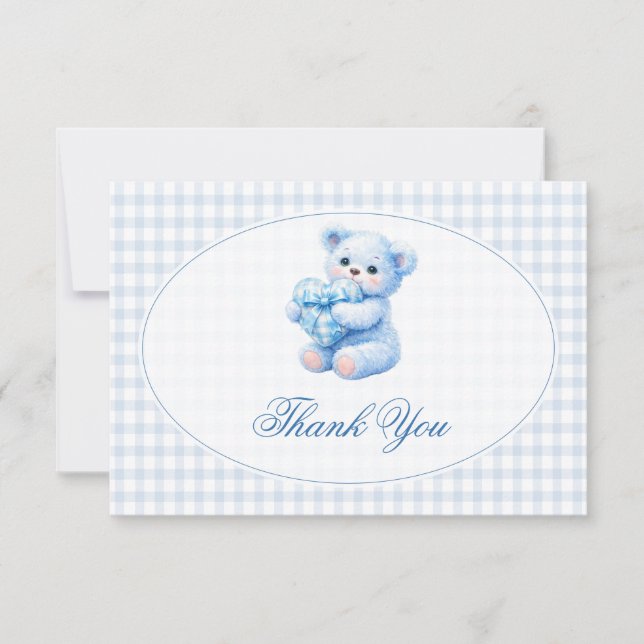 Convite Blue Gingham Teddy Bear Neutral Baby Shower (Frente)