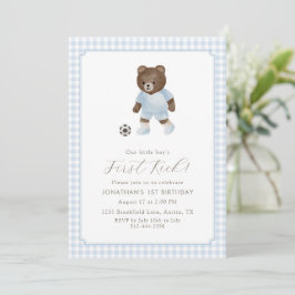 Convite Blue Gingham Teddy Bear Soccer First Kick
