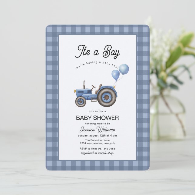 Convite Blue Gingham Tractor Balloon Baby Shower  (Em pé/Frente)