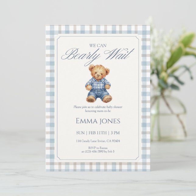 Convite Blue Gingham We Can Bearly Wait baby shower (Em pé/Frente)