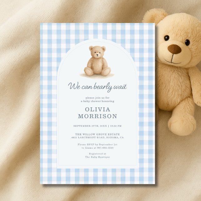 Convite Blue Gingham We Can Bearly Wait Baby Shower (Criador carregado)