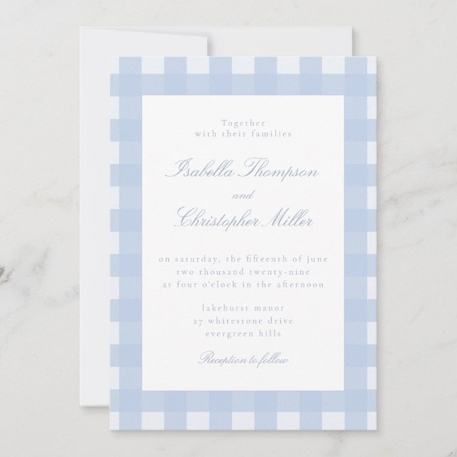 Convite Blue Gingham Wedding Invitation (Frente)