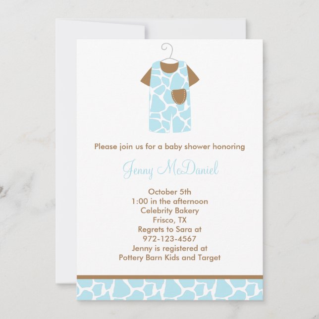 Convite Blue Giraffe Impressão Baby Shower Invants (Frente)