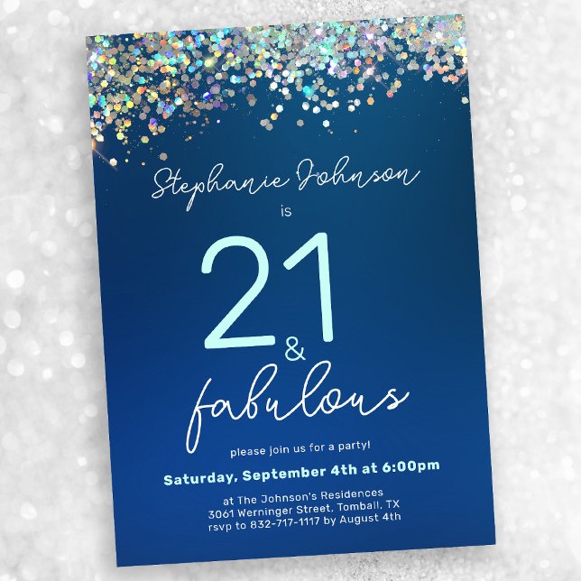 Convite Blue Glitter 21 e Fabuloso aniversário de 21 anos (Mock-up view)