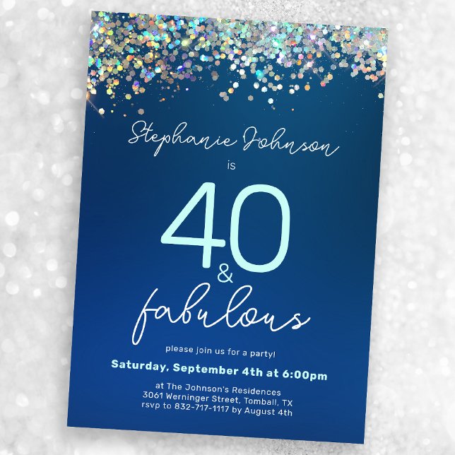 Convite Blue Glitter 40 e Fabuloso aniversário de 40 anos (Mock-up view)
