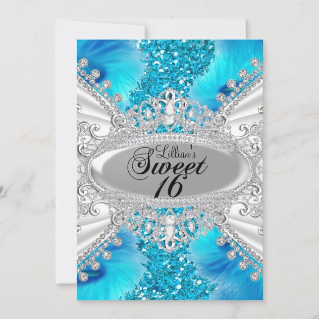 Convite Blue Glitter & Feather Sweet 16 Convide (Frente)