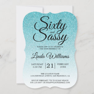 Convite Blue Glitter Ombre 60 e Sassy 60th Birthday Invi