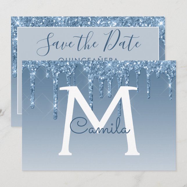 Convite Blue Glitter Quinceanera Salve a Data (Frente/Verso)