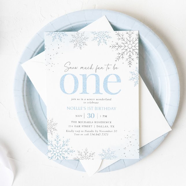 Convite Blue Glitter Snowflake 1st Birthday (Criador carregado)