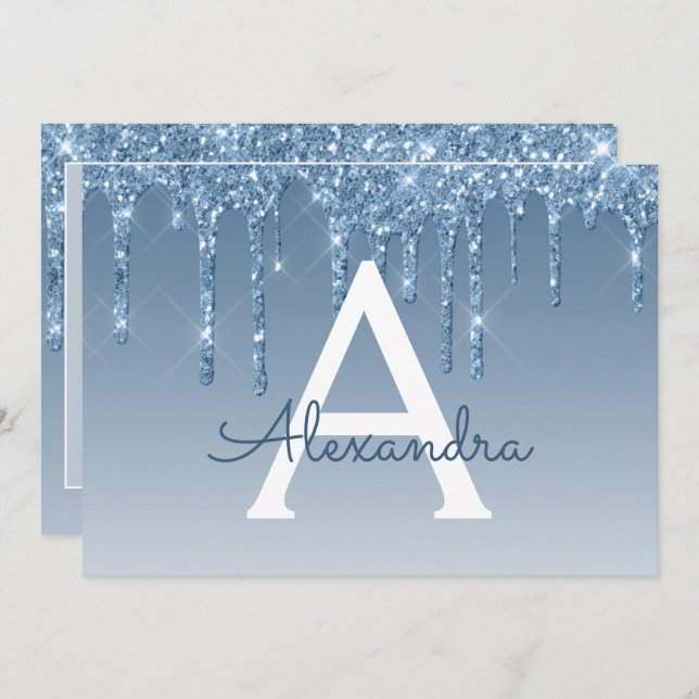 Convite Blue Glitter Sweet 16 Salve a data (Frente/Verso)