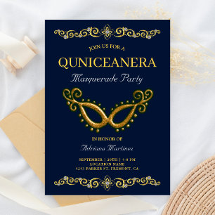 Convite Blue Gold 15º Aniversário Máscara Quinceanera