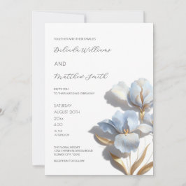 Convite Blue Gold 3D Flores Brancas