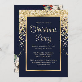 Convite Blue Gold Confetti Botanical Christmas Party