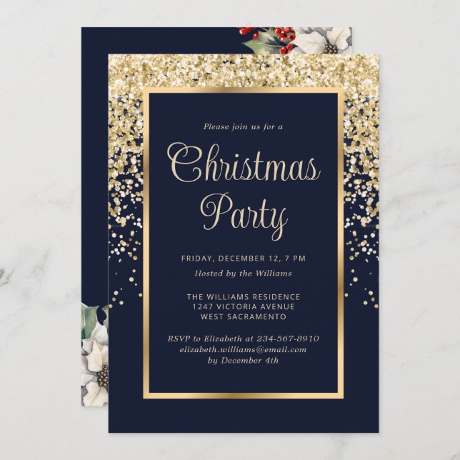 Convite Blue Gold Confetti Botanical Christmas Party (Frente/Verso)