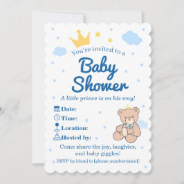 Convite Blue & Gold Crown Baby Shower Invitation for Boy
