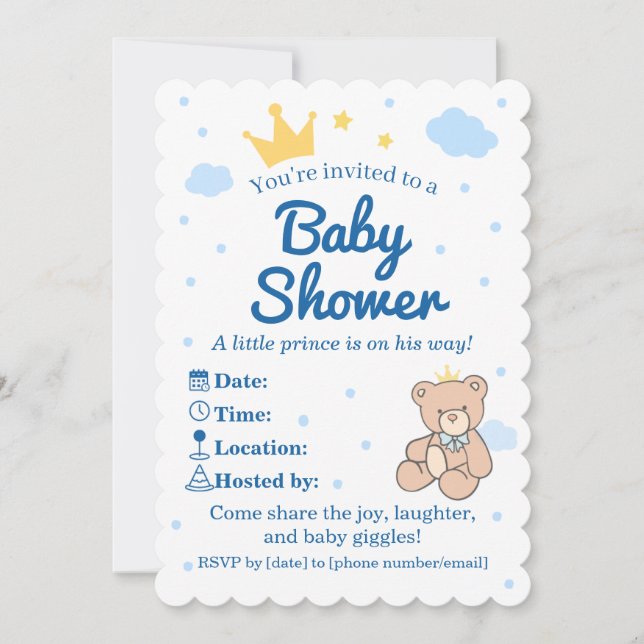 Convite Blue & Gold Crown Baby Shower Invitation for Boy (Frente)