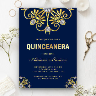 Convite Blue Gold Diamond Mandala Quinceanera