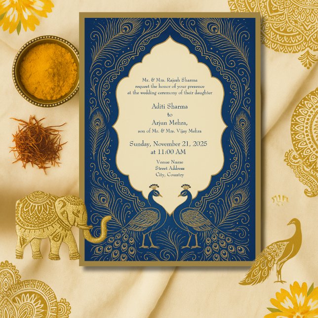 Convite blue gold Elegant Peacock Hindu Wedding (Criador carregado)