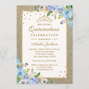 Convite Blue Gold floral Sparkle Quinze Anos