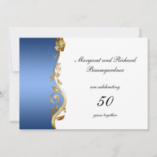 Convite Blue Gold Floral Swirls 50º Aniversário de Casamen