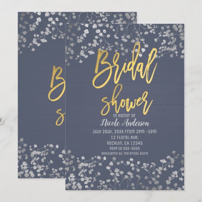 Convite Blue Gold Foil Baby's Breath Casamento Moderno Con (Frente/Verso)