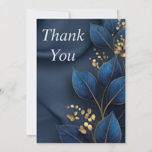 Convite Blue & Gold Leaves on Navy Blue Thank You Card (Frente)