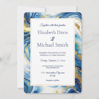 Convite Blue Gold Marble Elegant Luxury Fluid Art Editable