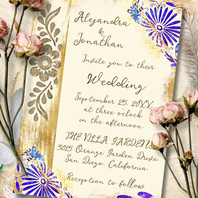 Convite Blue & Gold Mexican Otomi Baroque Elegant Wedding (A luminous Baroque design blending cobalt blooms and rustic textures for a timeless invitation.)