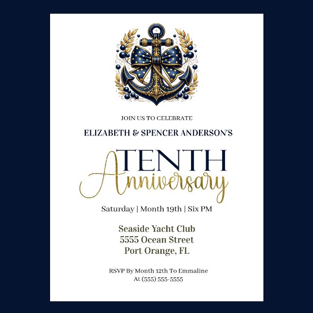Convite Blue Gold Nautical Anchor 10th Wedding Anniversary (Navy blue and gold nautical anchor 10th wedding anniversary invitation with elegant coastal theme
)