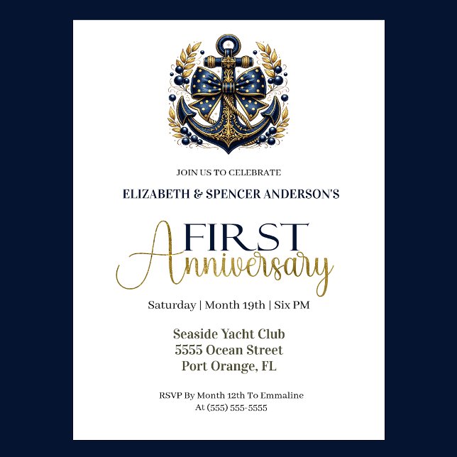Convite Blue Gold Nautical Anchor 1st Wedding Anniversary (Navy blue and gold nautical anchor 1st wedding anniversary invitation with elegant coastal theme
)