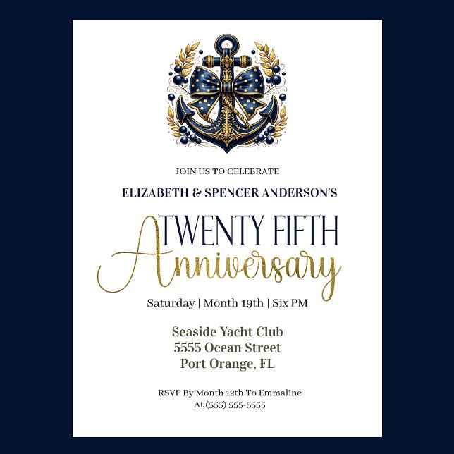 Convite Blue Gold Nautical Anchor 25th Wedding Anniversary (Navy blue and gold nautical anchor 25th wedding anniversary invitation with elegant coastal theme
)